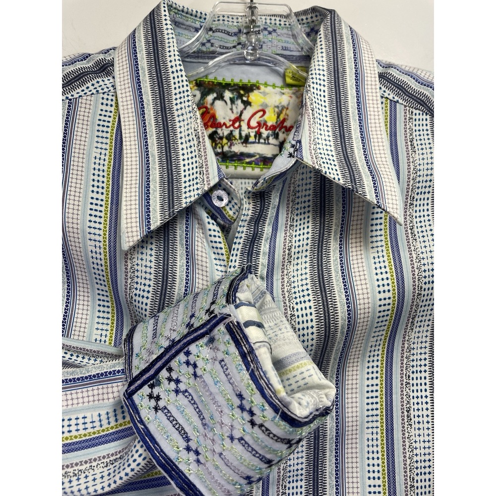 Robert Graham  Mens Sz XL Blue Striped Flip Cuff Button Up Shirt‎ (q14) EUC